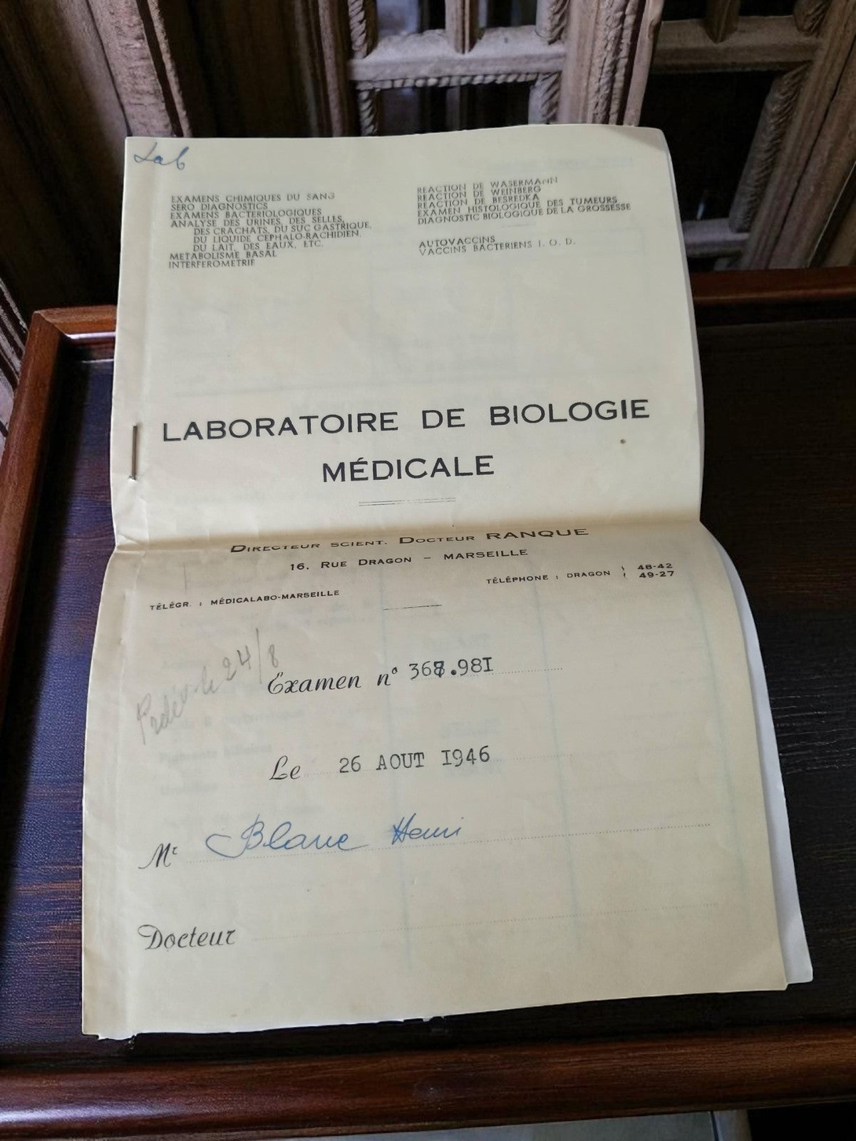 Ordonnance biologie médicale 1946 Marseille ancien document vintage France