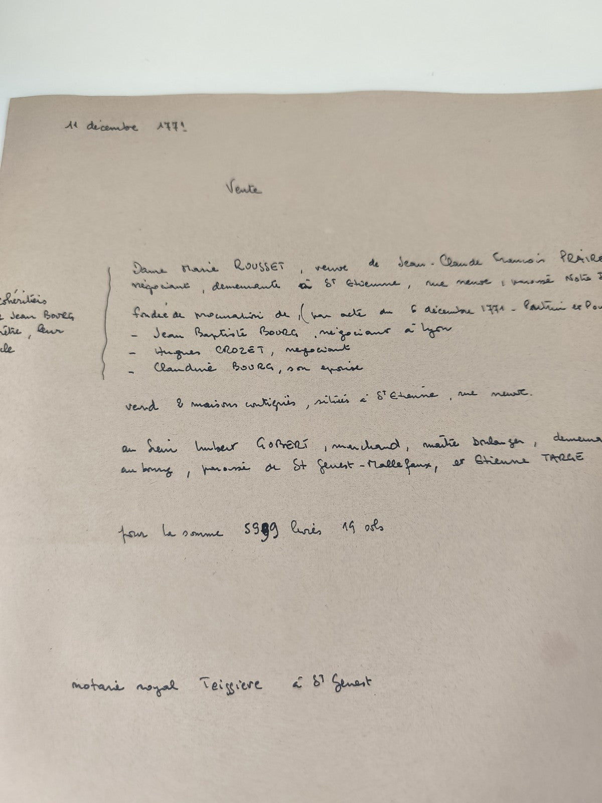 Lettre manuscrite administrative XVIIIe, 1771, notaire royal Teissière