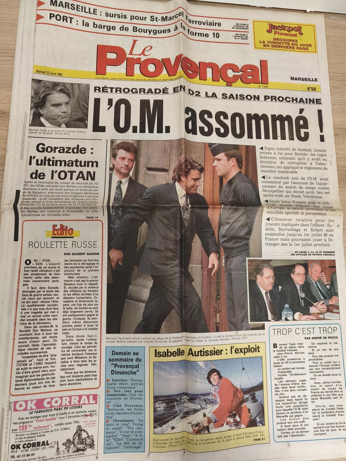 Ancien journal Le Provençal 1994 rétrogradation OM football Marseille vintage