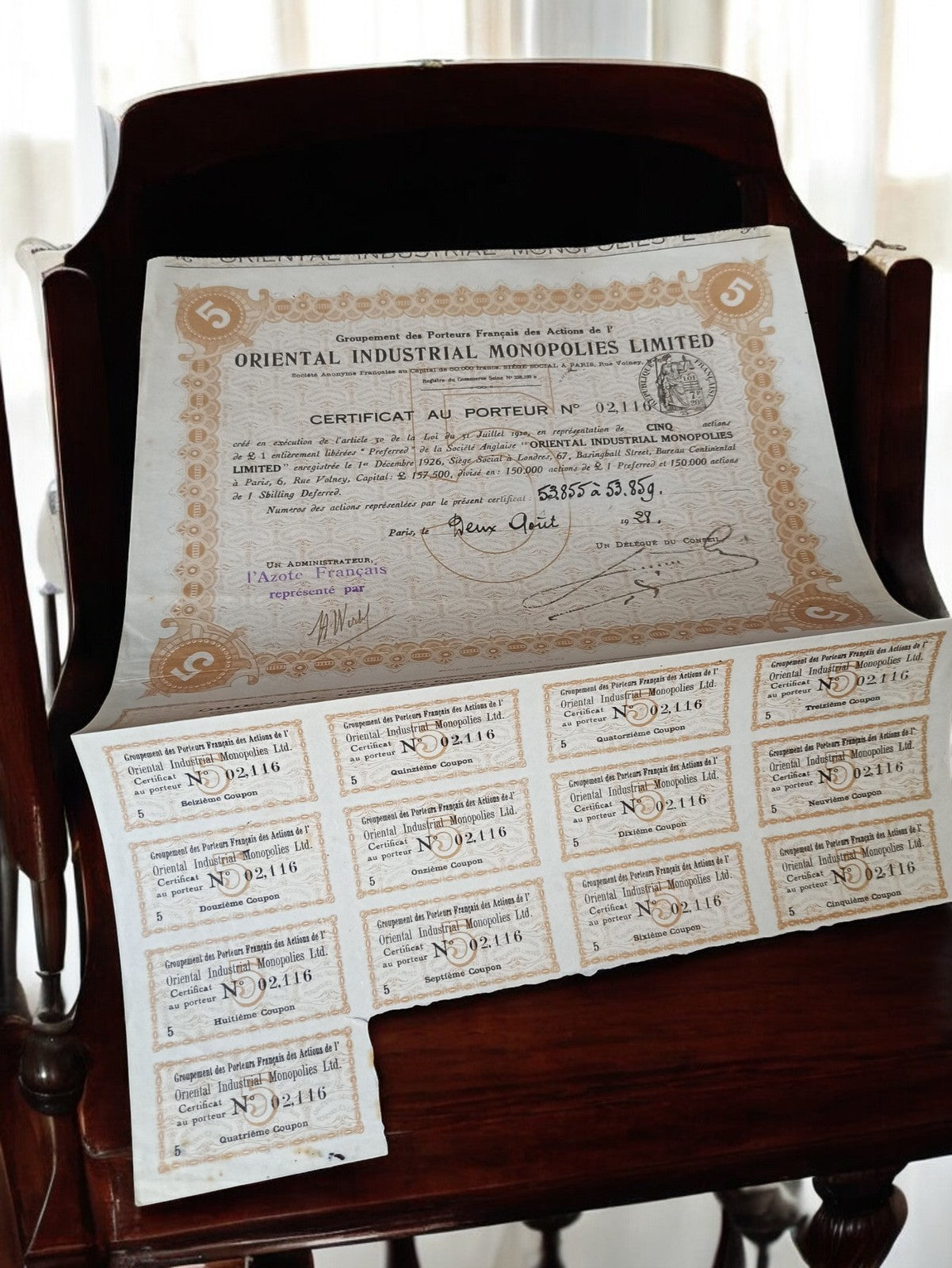 Certificat ancien au porteur Oriental Industrial Monopolies années 1920 vintage