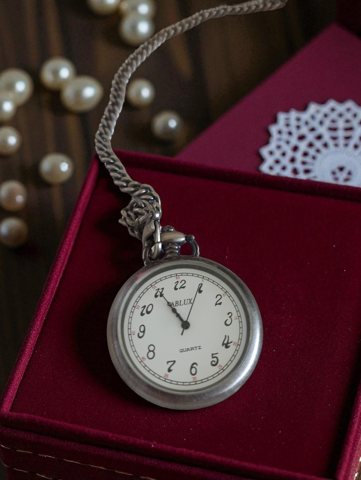 Montre à gousset vintage Ablux quartz, cadran blanc, chaîne, rétro