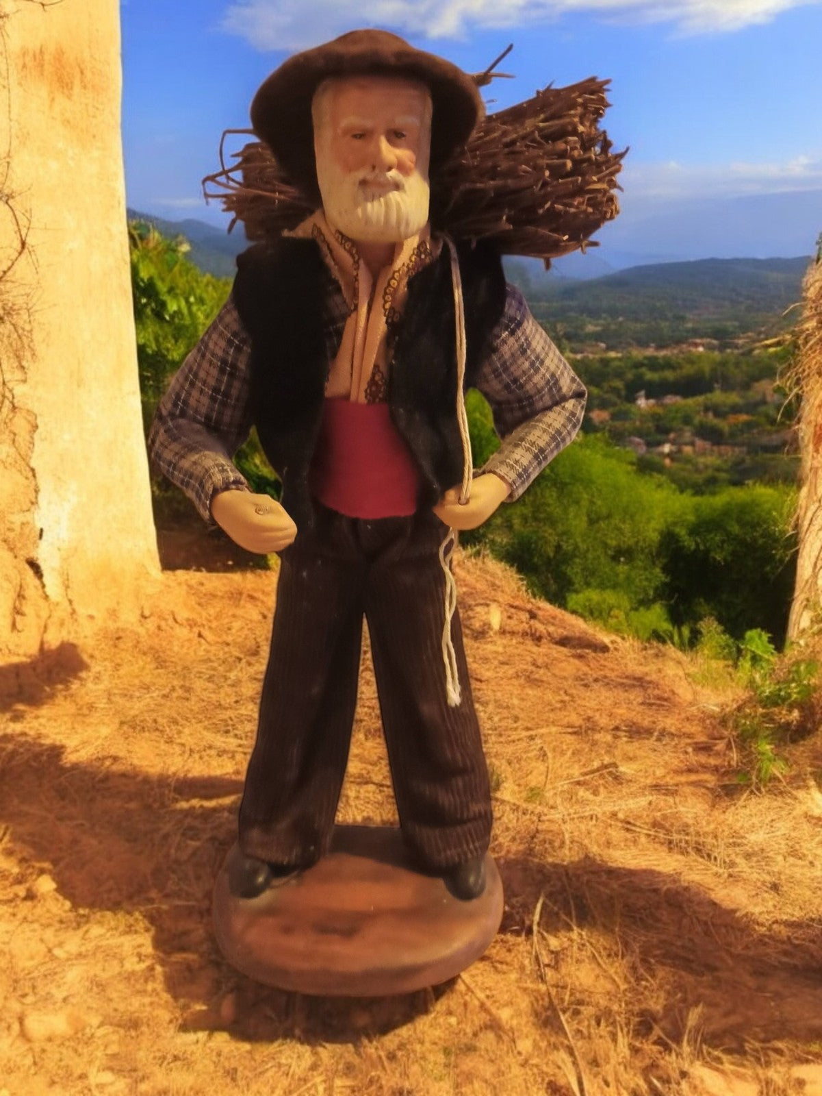 Santon ancien Provence signé Galli argile 25cm figurine homme avec fagot