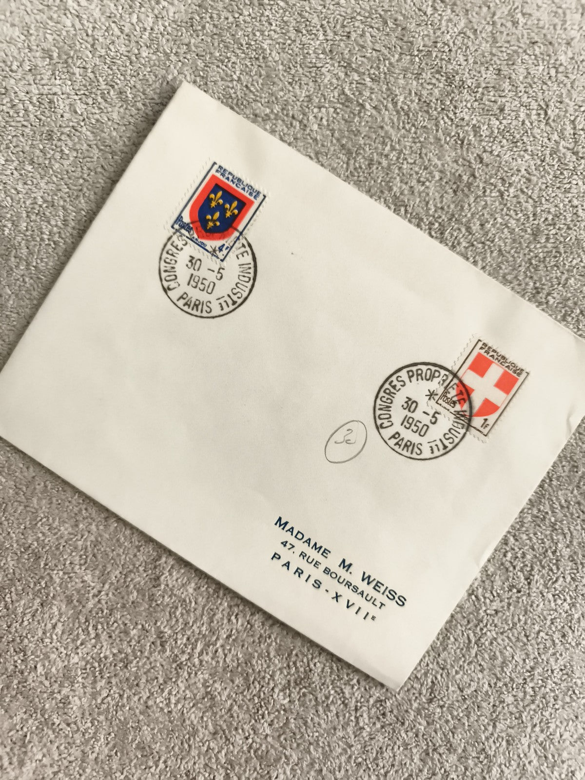 Lettre oblitérée 1950 Paris timbres blasons Bourgogne Savoie philatélie