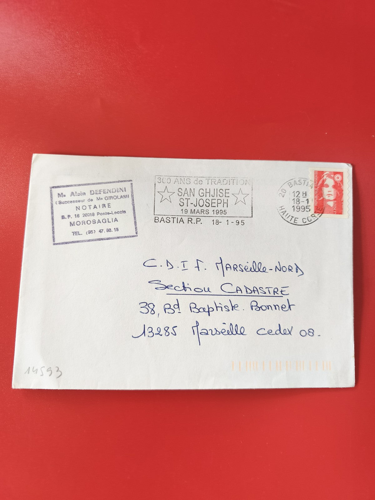 Enveloppe philatélie oblitérée Bastia 1995 timbre Marianne cachet notaire