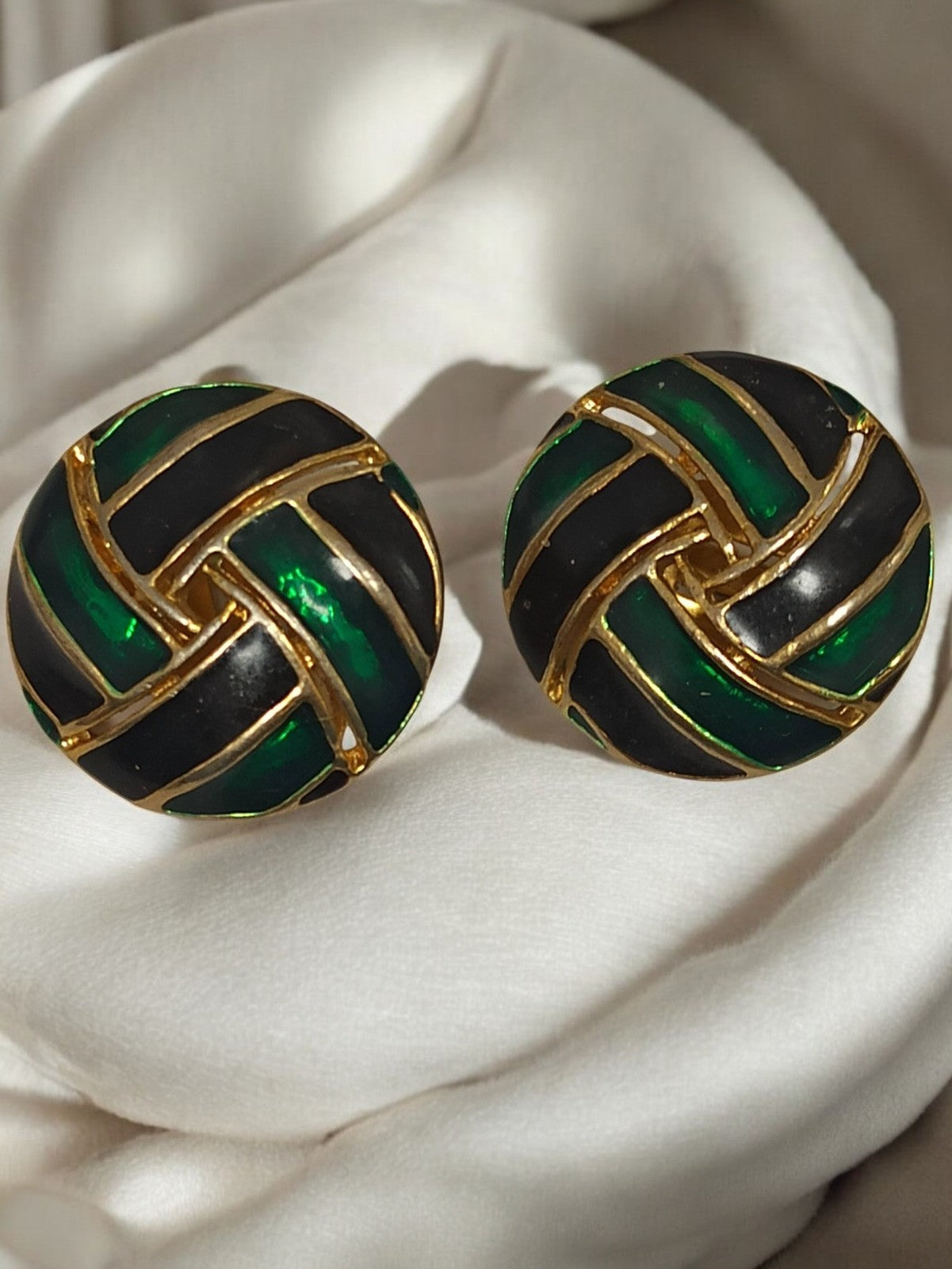Boucles d’oreilles vintage rondes noir vert doré, rétro fantaisie ancien