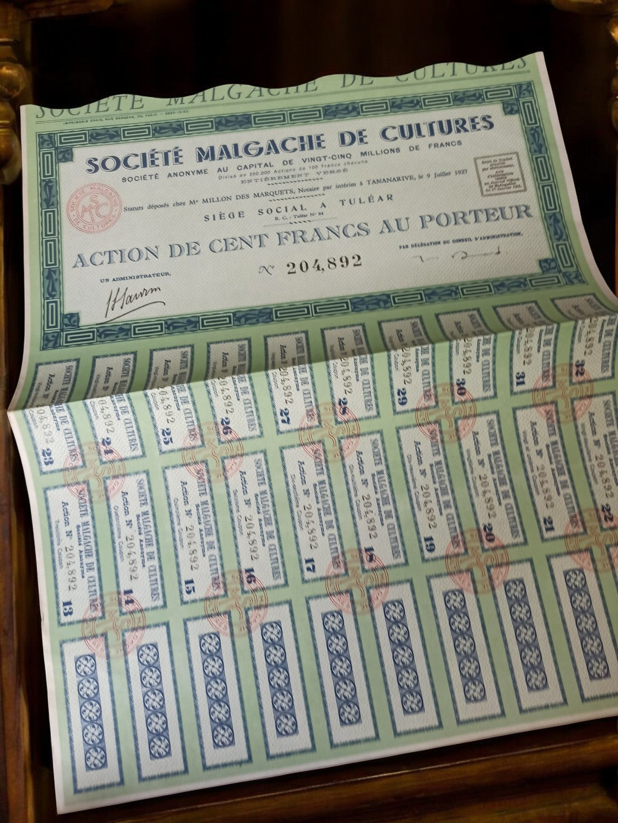Action au porteur Société Malgache de Cultures 1927 authentique vintage bleu