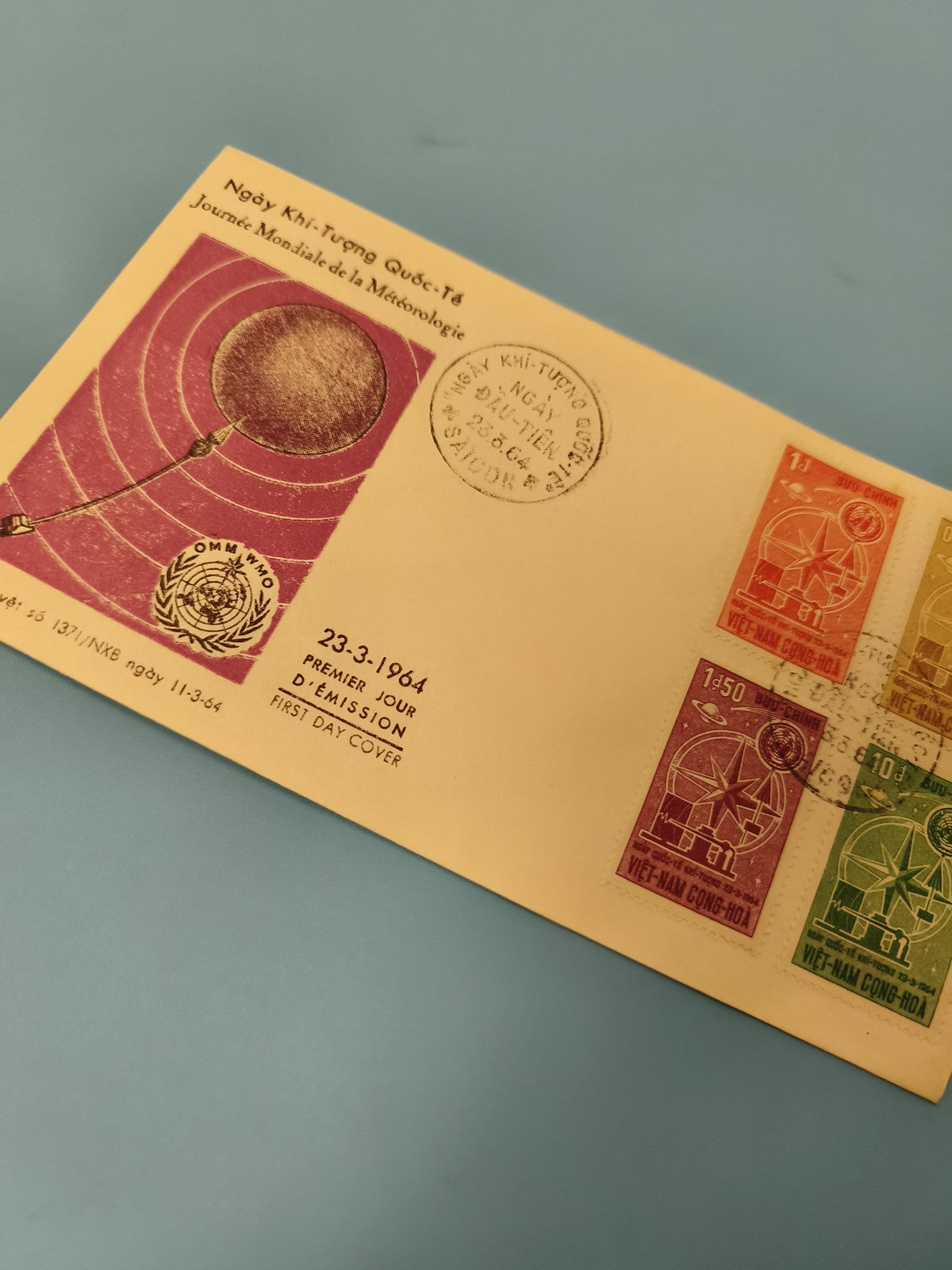 Ancienne enveloppe FDC Vietnam 1964 météorologie timbres colorés collection