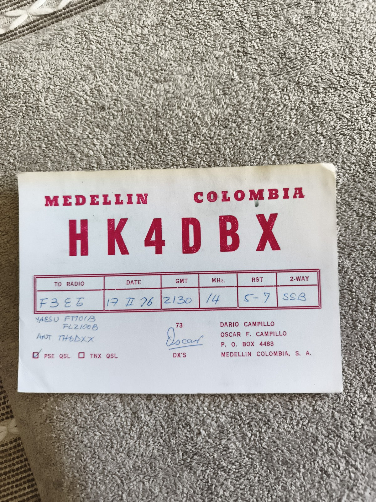 Carte QSL radio ancienne HK4DBX Colombie Medellin 1976 radioamateur vintage