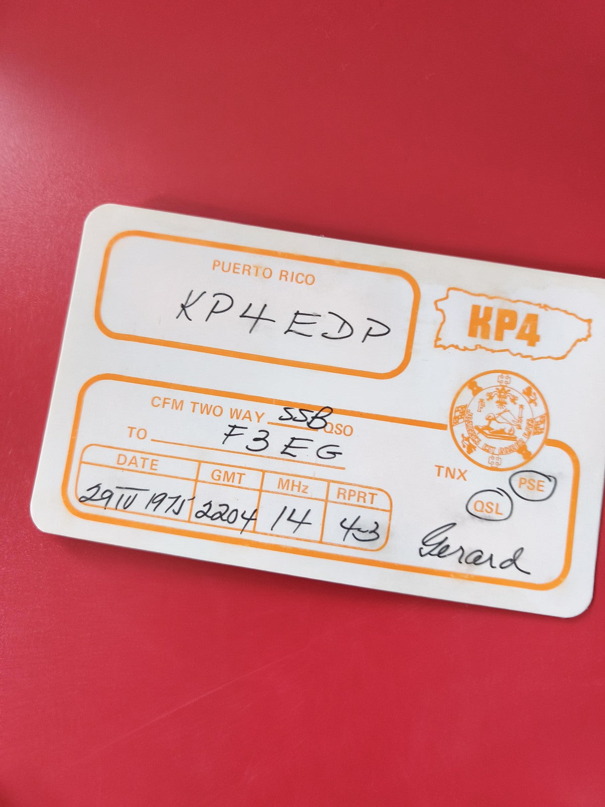 Carte radio QSL Puerto Rico KP4EDP pour radioamateur, format rectangulaire