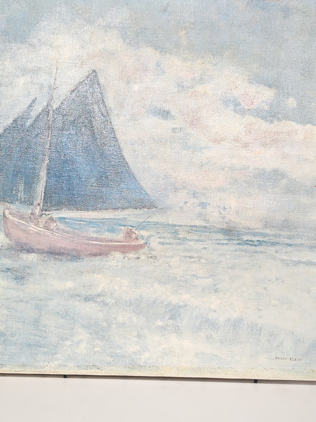 Ancien tableau vintage "Le bateau rouge" reproduction atelier Odilon Redon certi