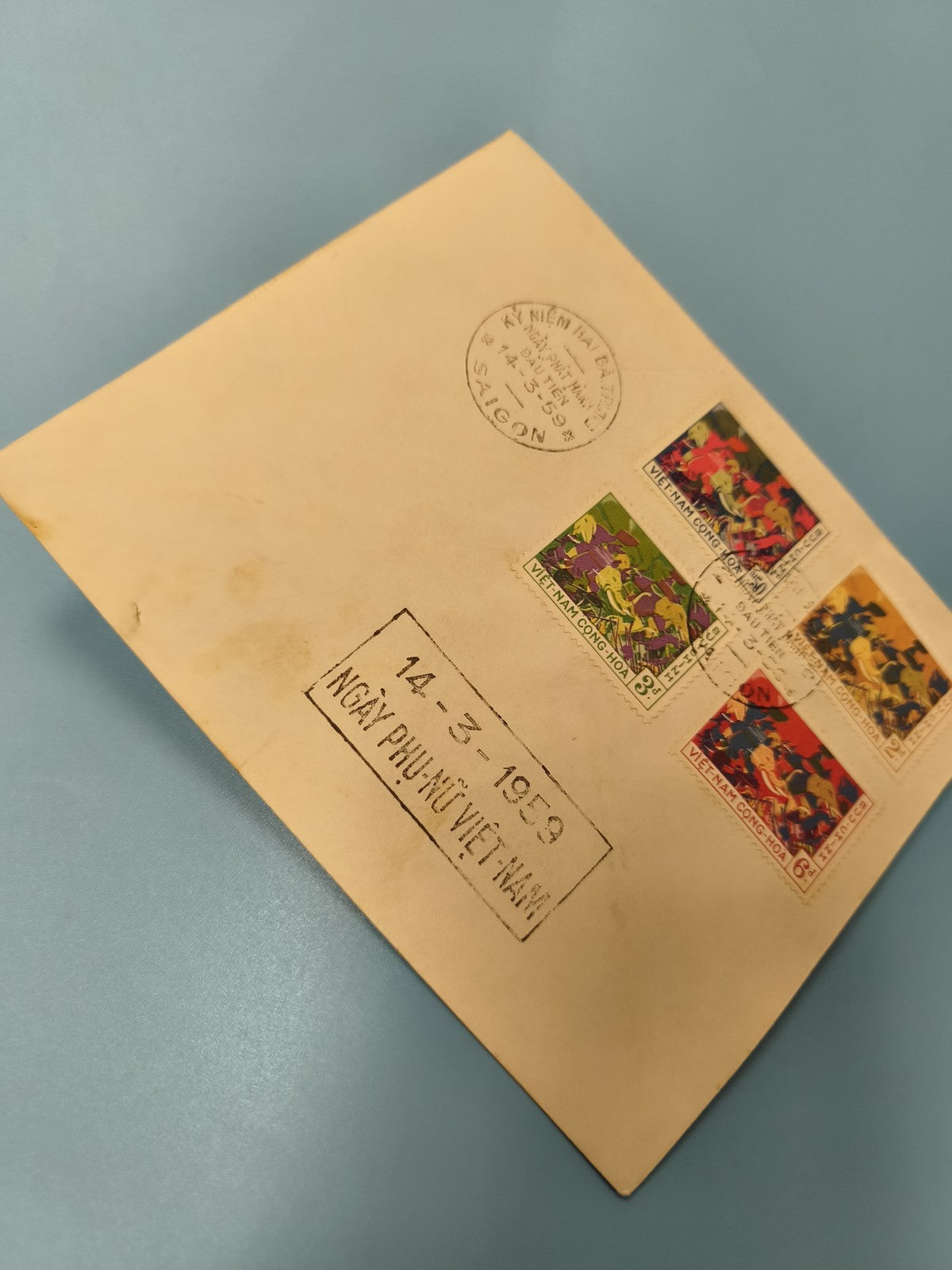 Ancienne enveloppe timbrée Vietnam 1959, oblitérée, collection philatélie