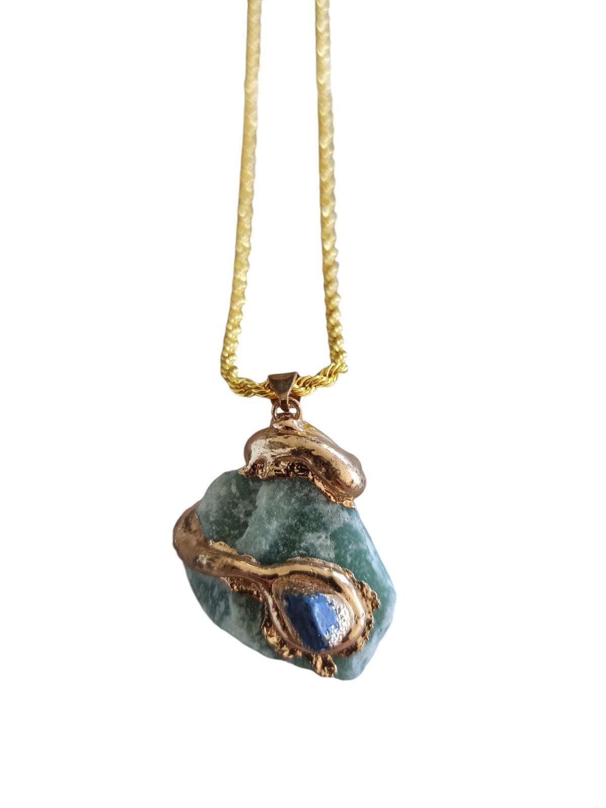 Collier pendentif femme plaqué or pierre verte lapis lazuli aventurine
