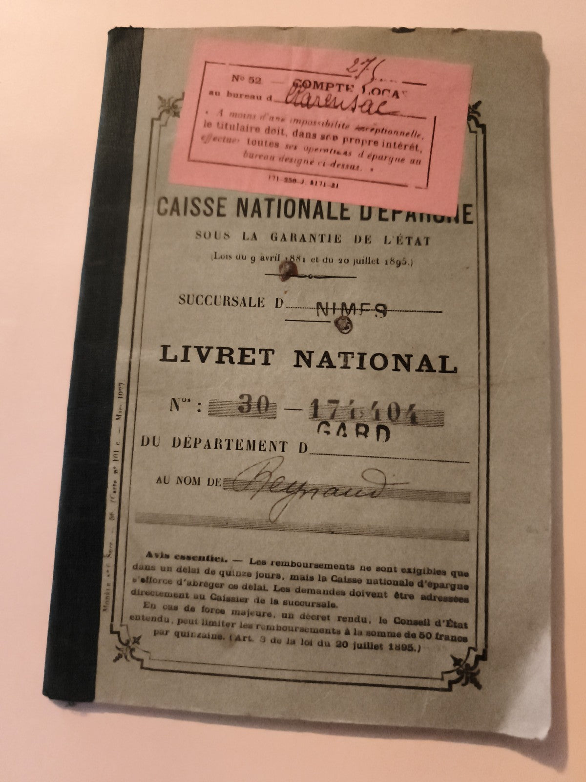 Livret national ancien Caisse d'Épargne Nîmes Gard XIXe Livret d’épargne