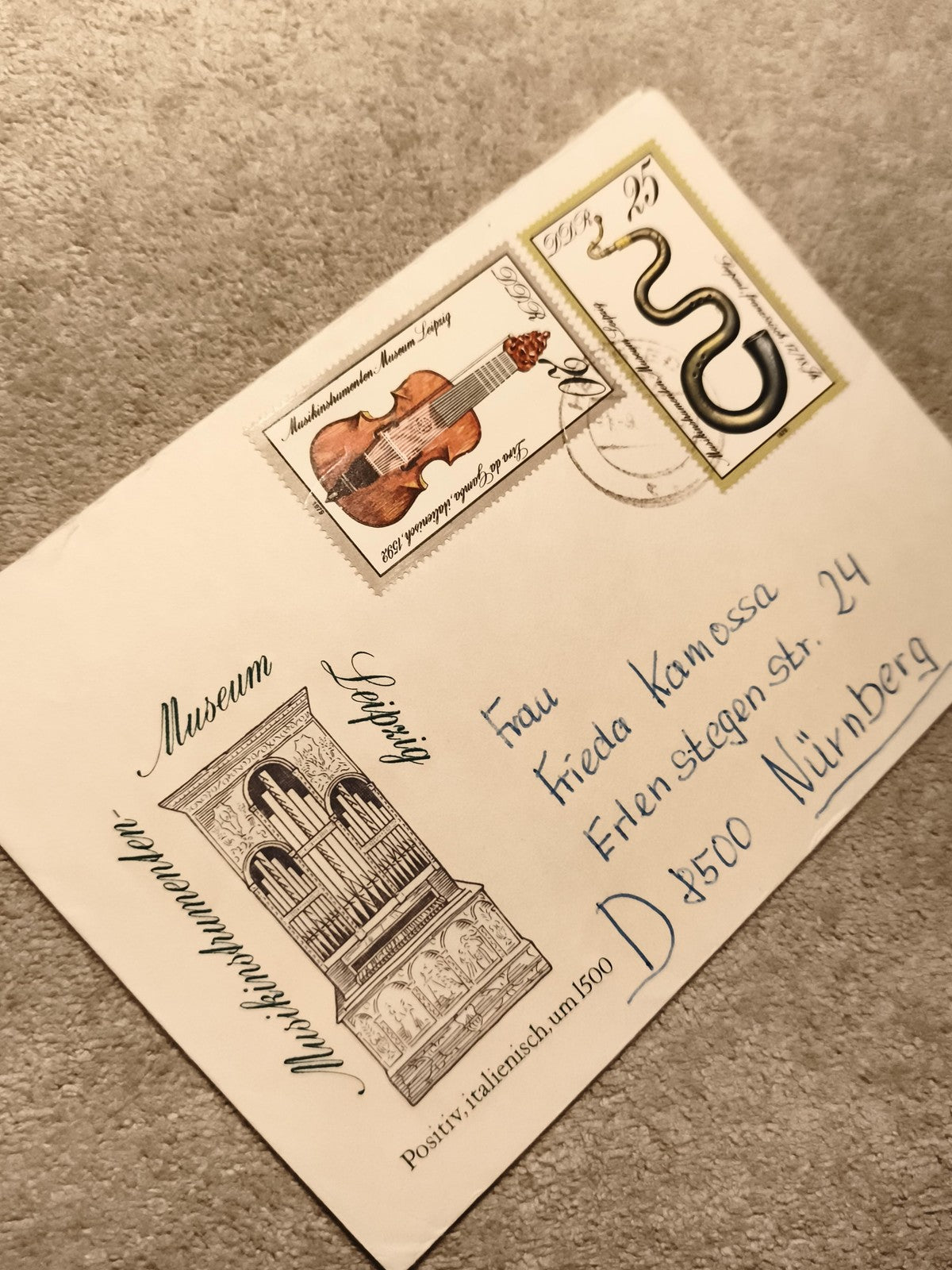 Lettre affranchie DDR Museum Leipzig instruments timbres musique philatélie (Ref