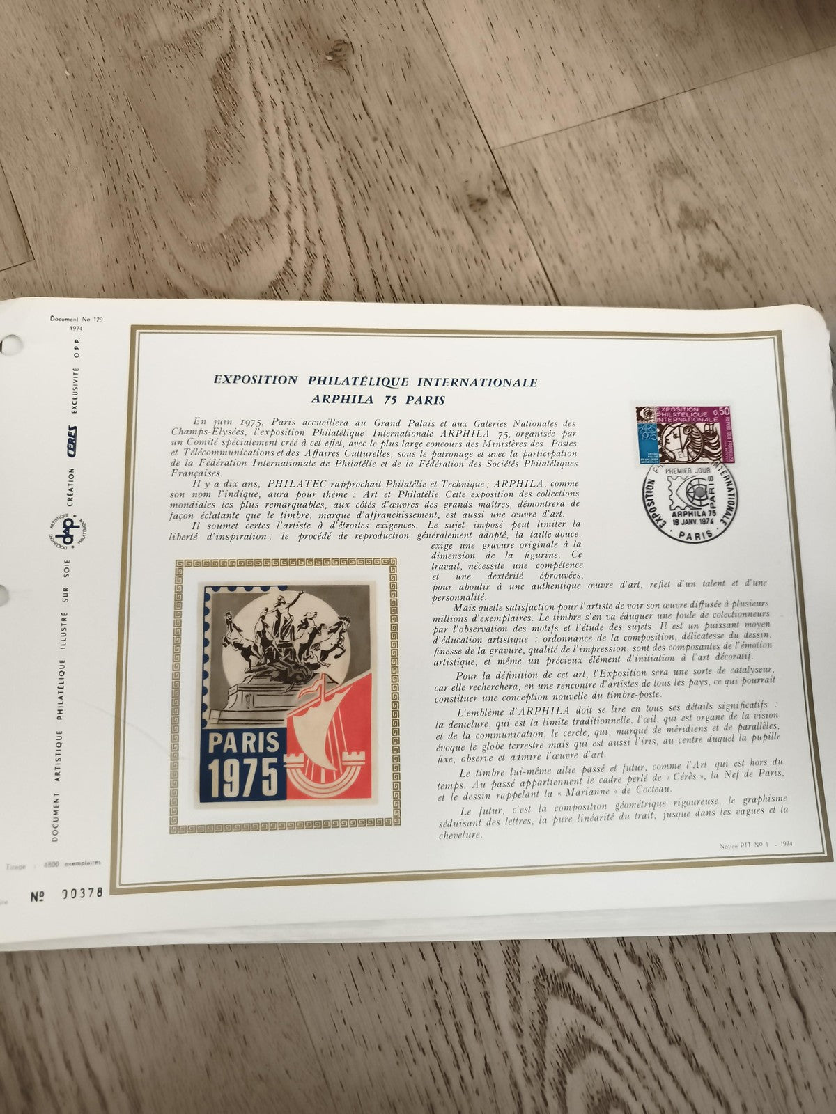 Feuillet philatélique Arphila 75 Paris 1975, document artistique, timbres et cac