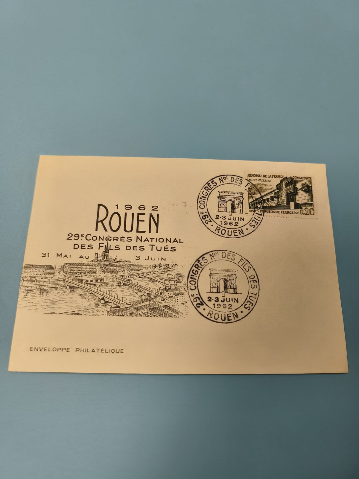 Ancienne enveloppe philatélie 1962 Rouen Congrès Fils des Tués cachet commémorat