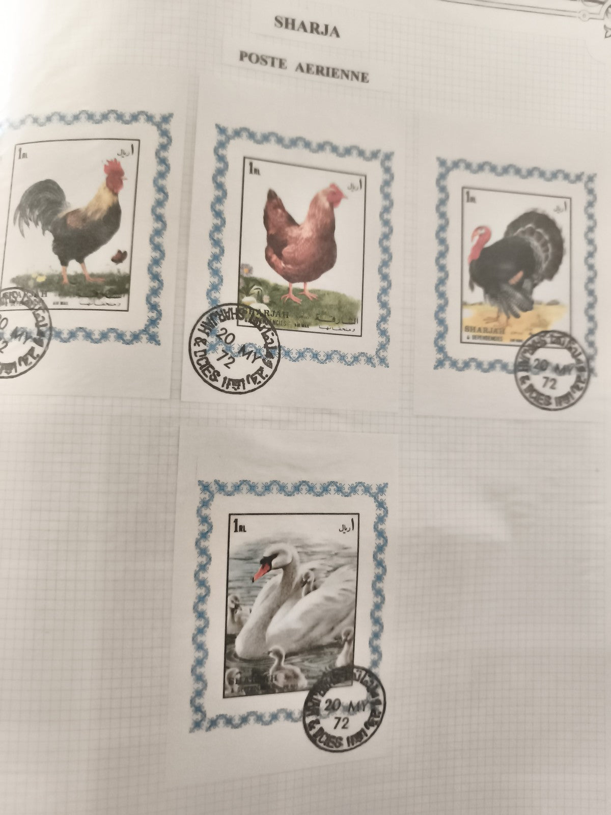 Timbres Sharja 1972 Poste Aérienne oiseaux oblitéres poule cygne dinde