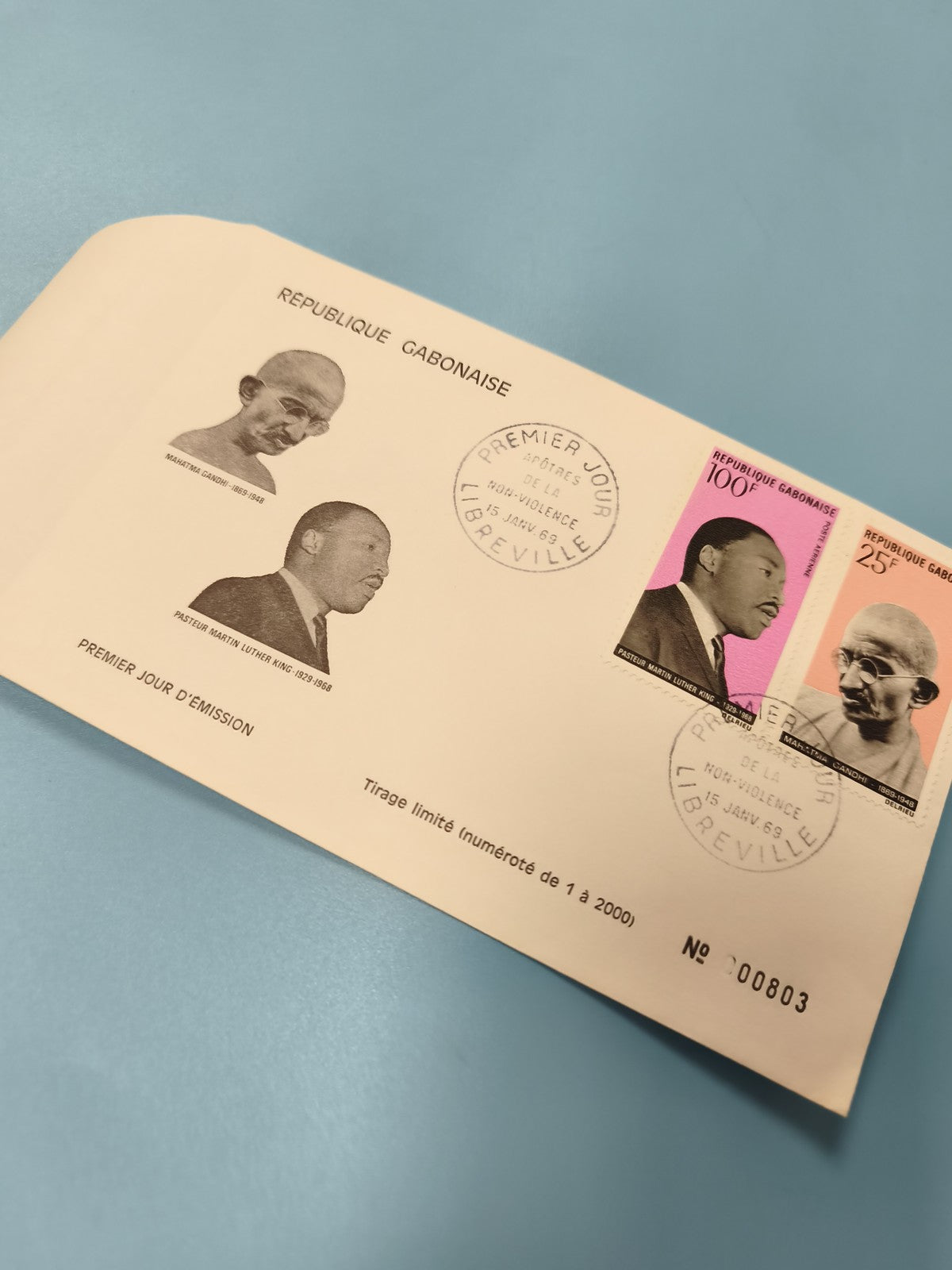 Enveloppe FDC Gabon Timbres Gandhi Martin Luther King 1969 numérotée