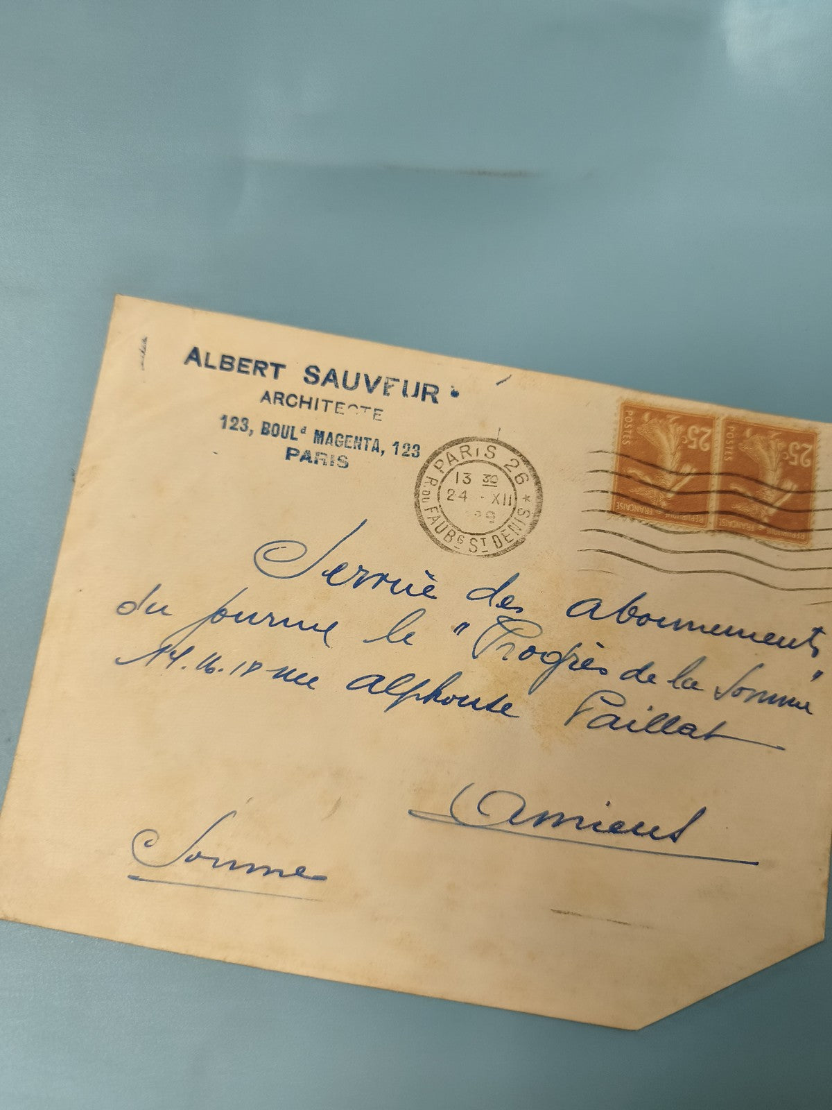 Ancienne enveloppe oblitérée début XXe Paris philatélie timbres 25c (Ref 6)