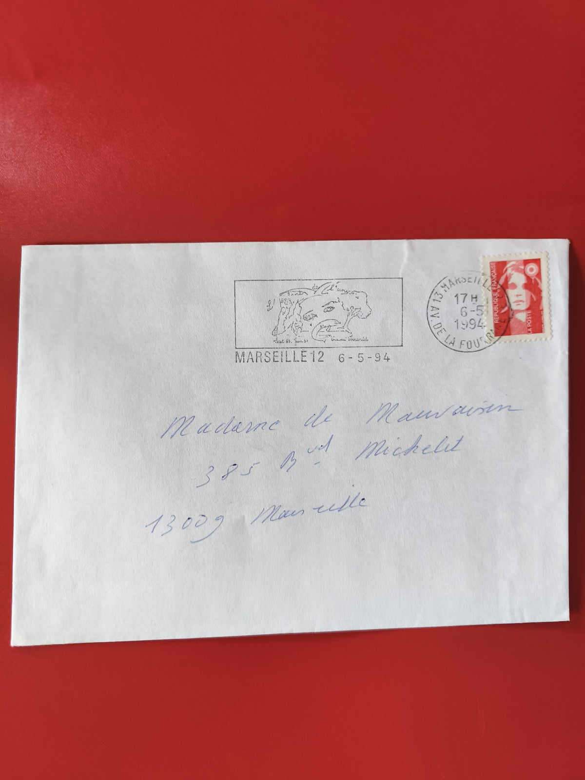 Enveloppe philatélie oblitérée Marseille 1994 timbre Marianne rouge