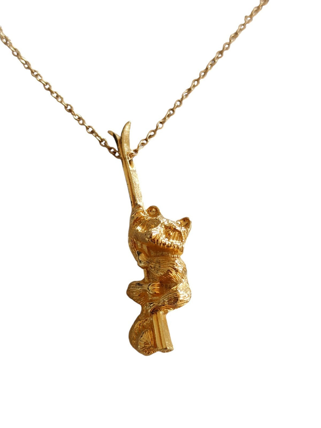 Collier pendentif ours skis doré 24 carats Lake Placid 1980 Jeux Olympiques