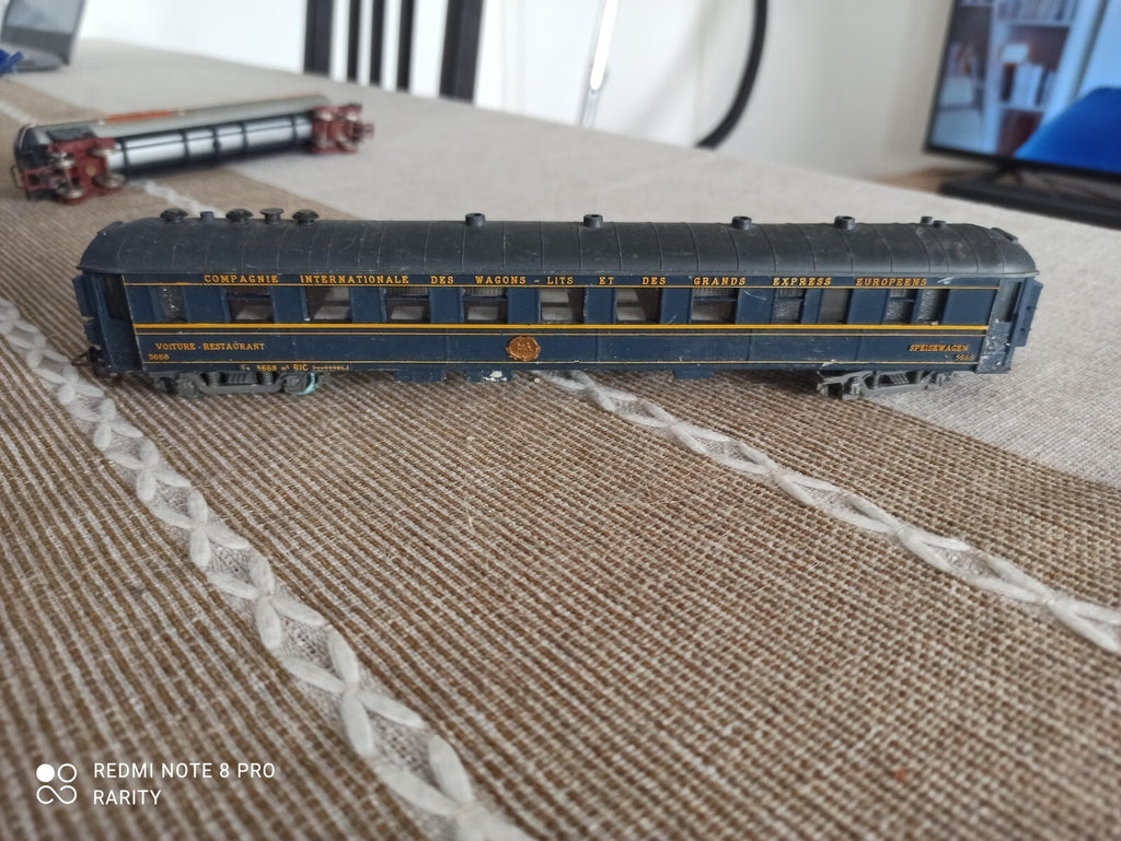 Wagon restaurant Meccano CIWL bleu or, vintage train HO, Compagnie International