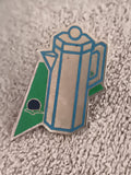 Pin's vintage cafetière design bleu vert badge émaillé ancien (Ref 10)