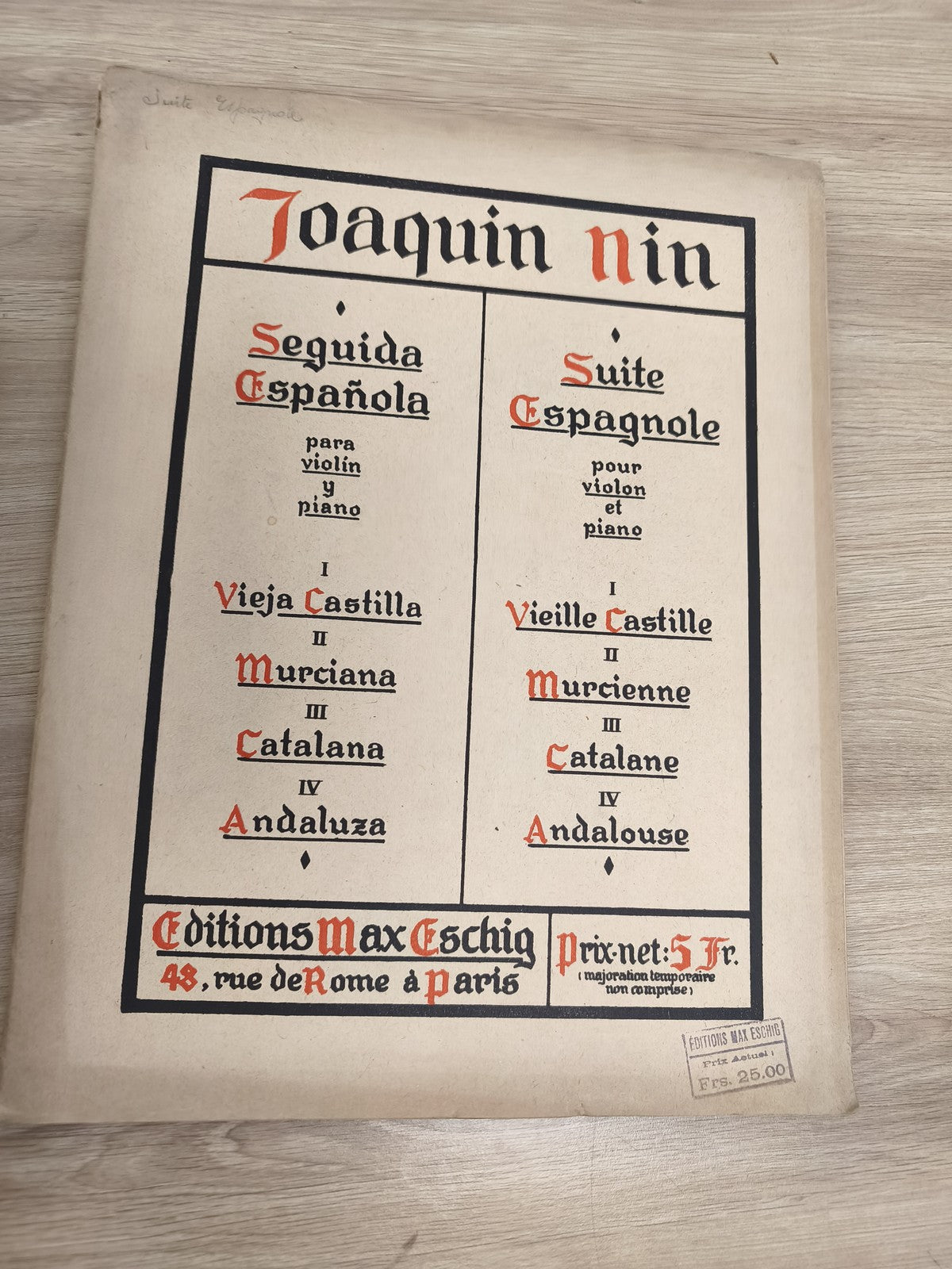 Ancien recueil partitions violon piano Joaquin Nin Suite Espagnole Max Eschig