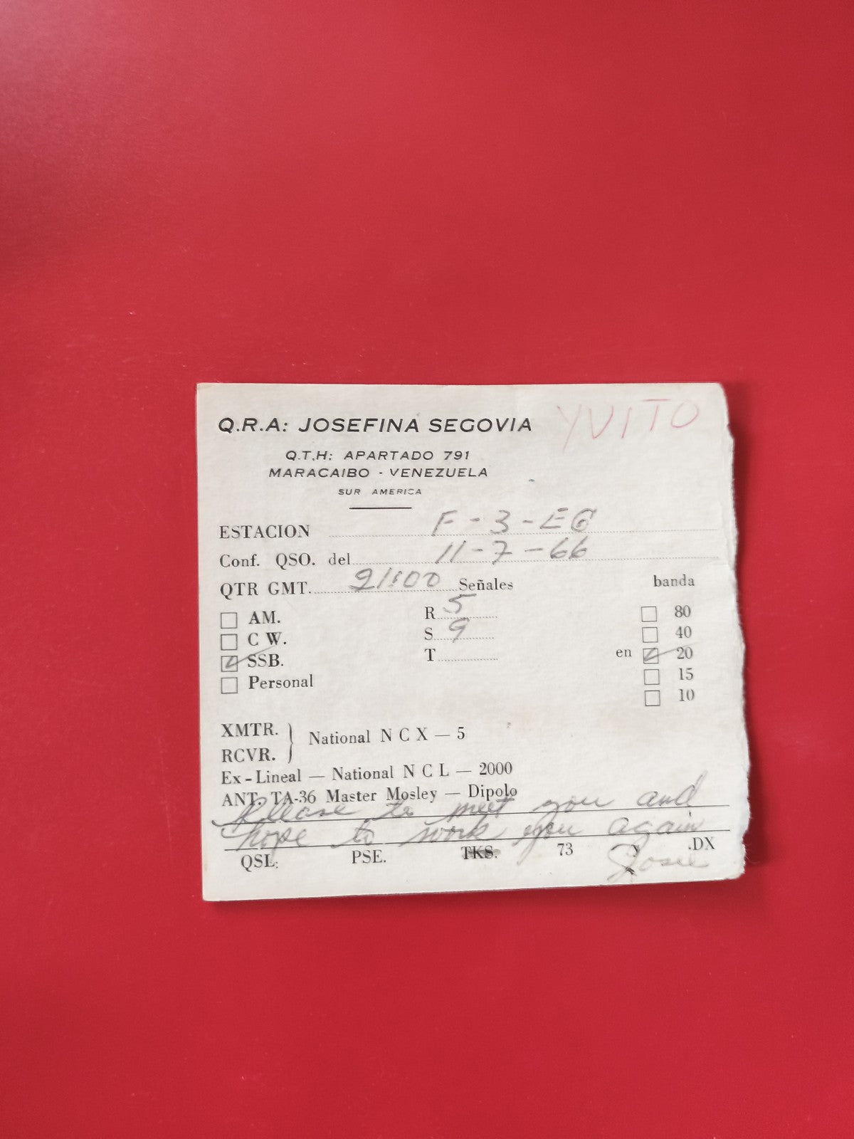 Carte radio QSL Maracaibo Venezuela QRA Josefina Segovia SSB 20m d'occasion
