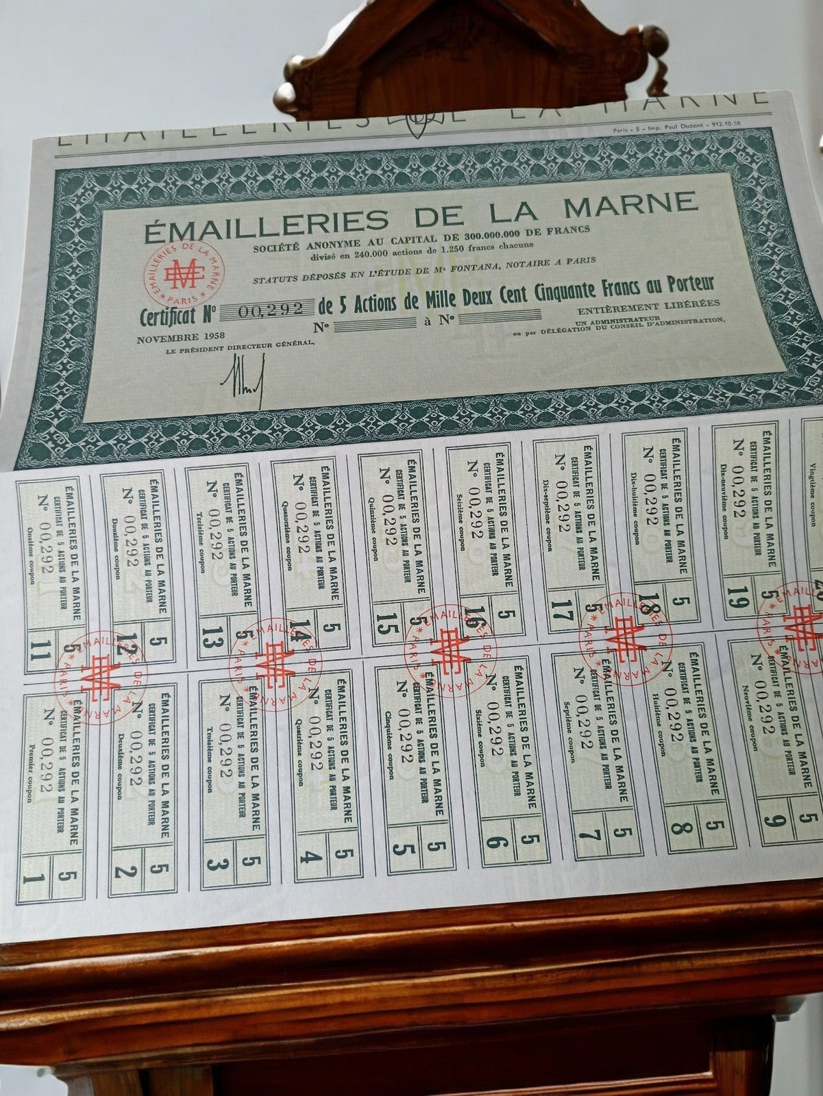 Action au porteur Émailleries de la Marne 1958, document financier ancien vintag