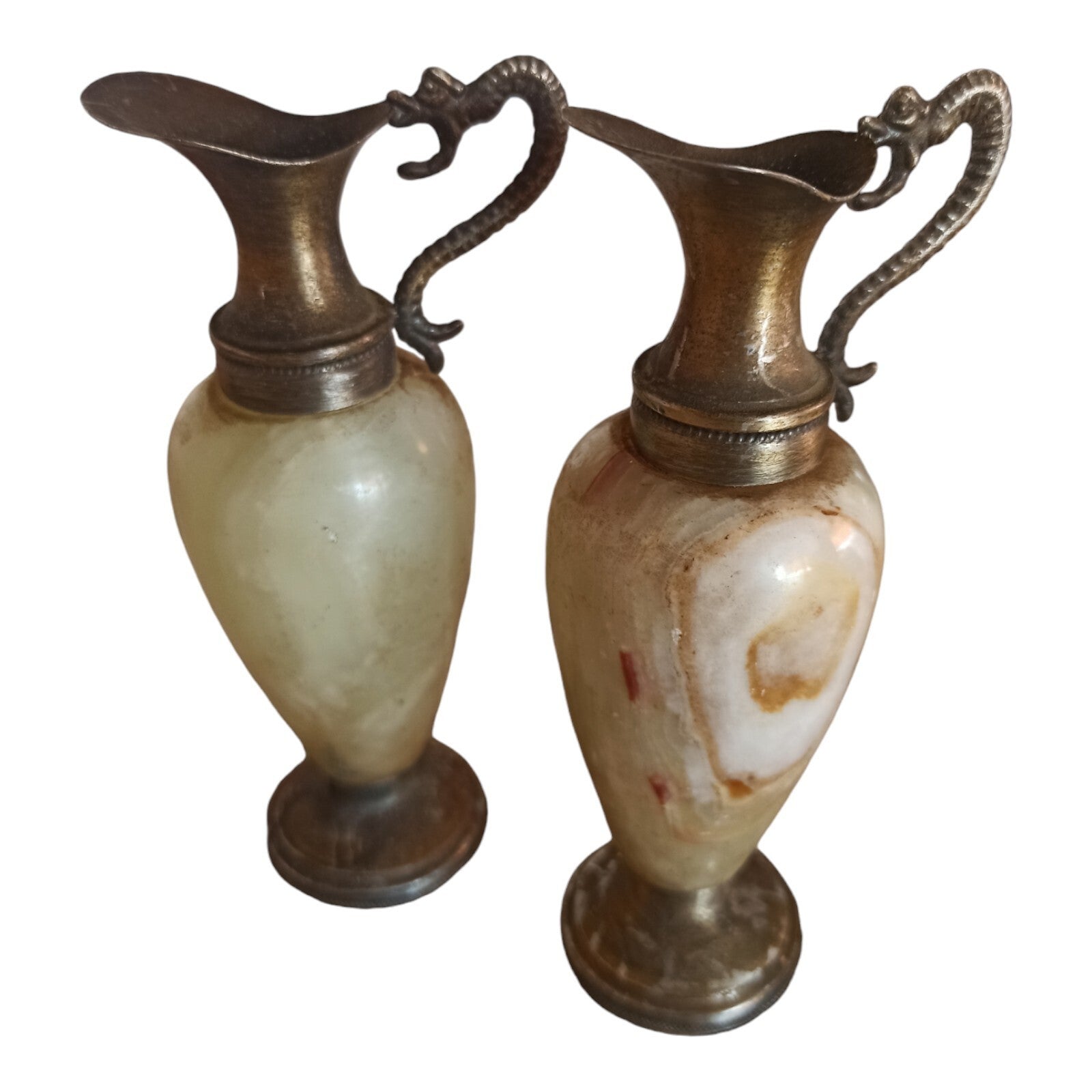 Lot 2 cruches décoratives onyx et étain poignée serpent France
