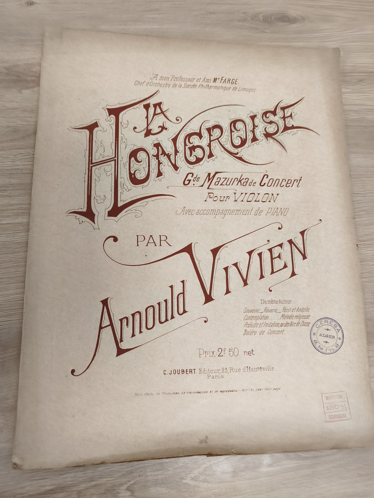 Ancien livre partitions violon piano Arnould Vivien La Hongroise Mazurka