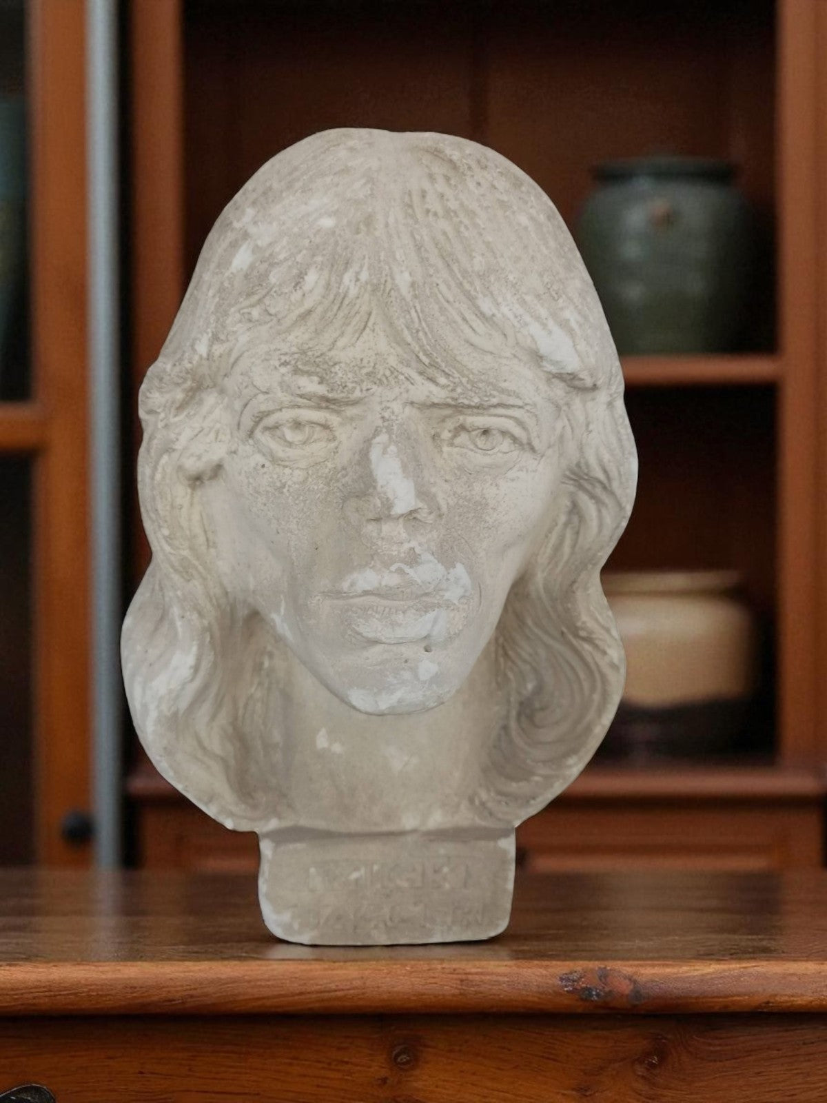 Buste sculpture pierre Mick Jagger, visage années 70, pièce unique décor