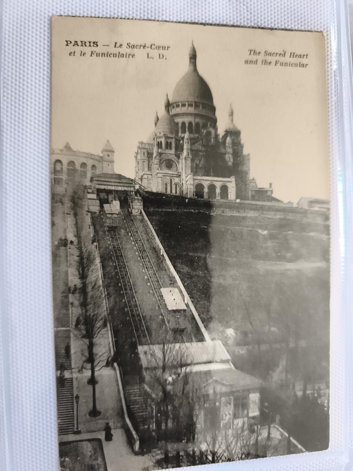Carte postale CPA Paris Sacré-Cœur funiculaire Montmartre L.D. noir et blanc