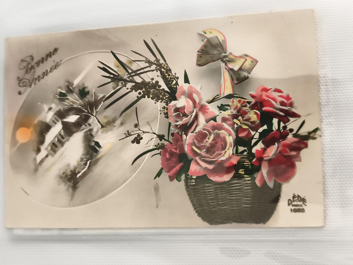Carte postale ancienne Bonne Année panier de roses, illustration Dédé, CPA rétro