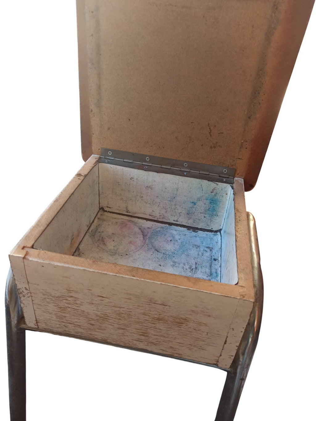 Bureau d’écolier ancien vintage 1940 ouvrant, piètement métal, rétro école