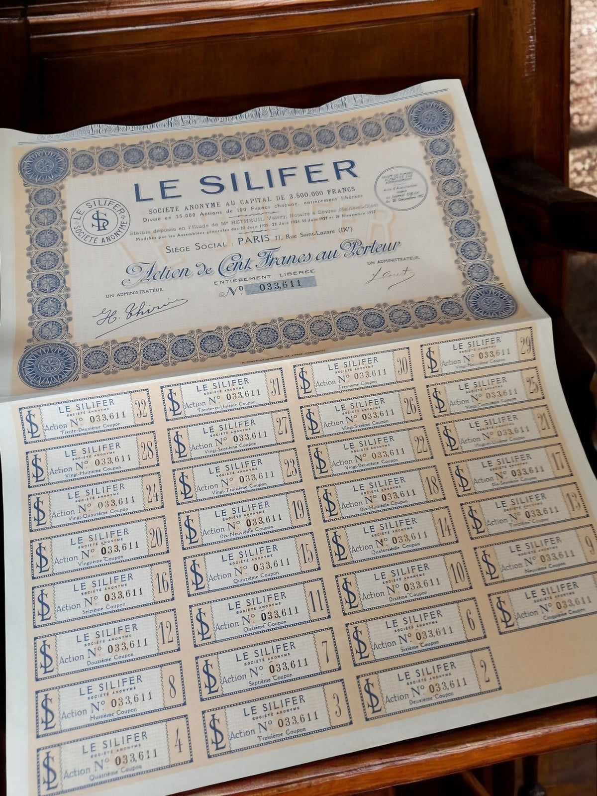 Action au porteur Le Silifer vintage 1920s ancien titre papier décor rétro