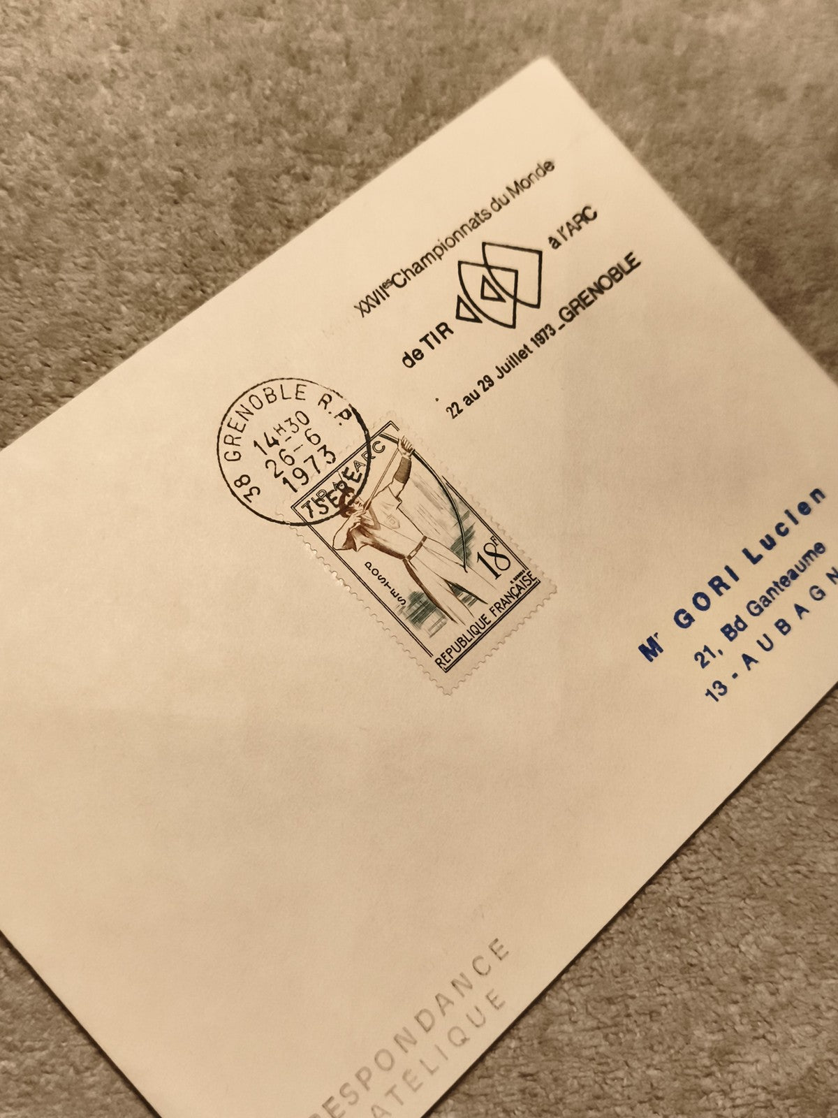 Lettre premier jour Championnats du Monde Tir 1973 Grenoble oblitération philaté