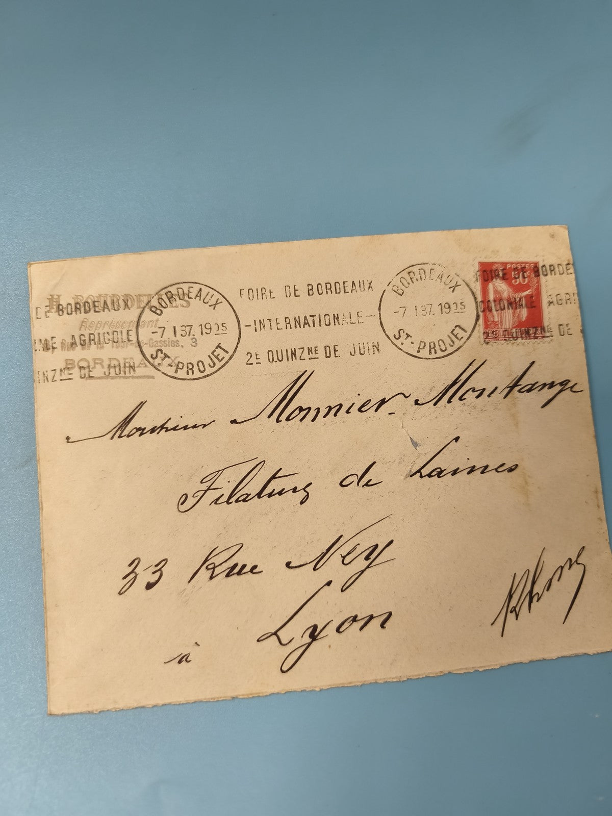 Ancienne enveloppe oblitérée 1925 Bordeaux Foire philatélie vintage (Ref 6)