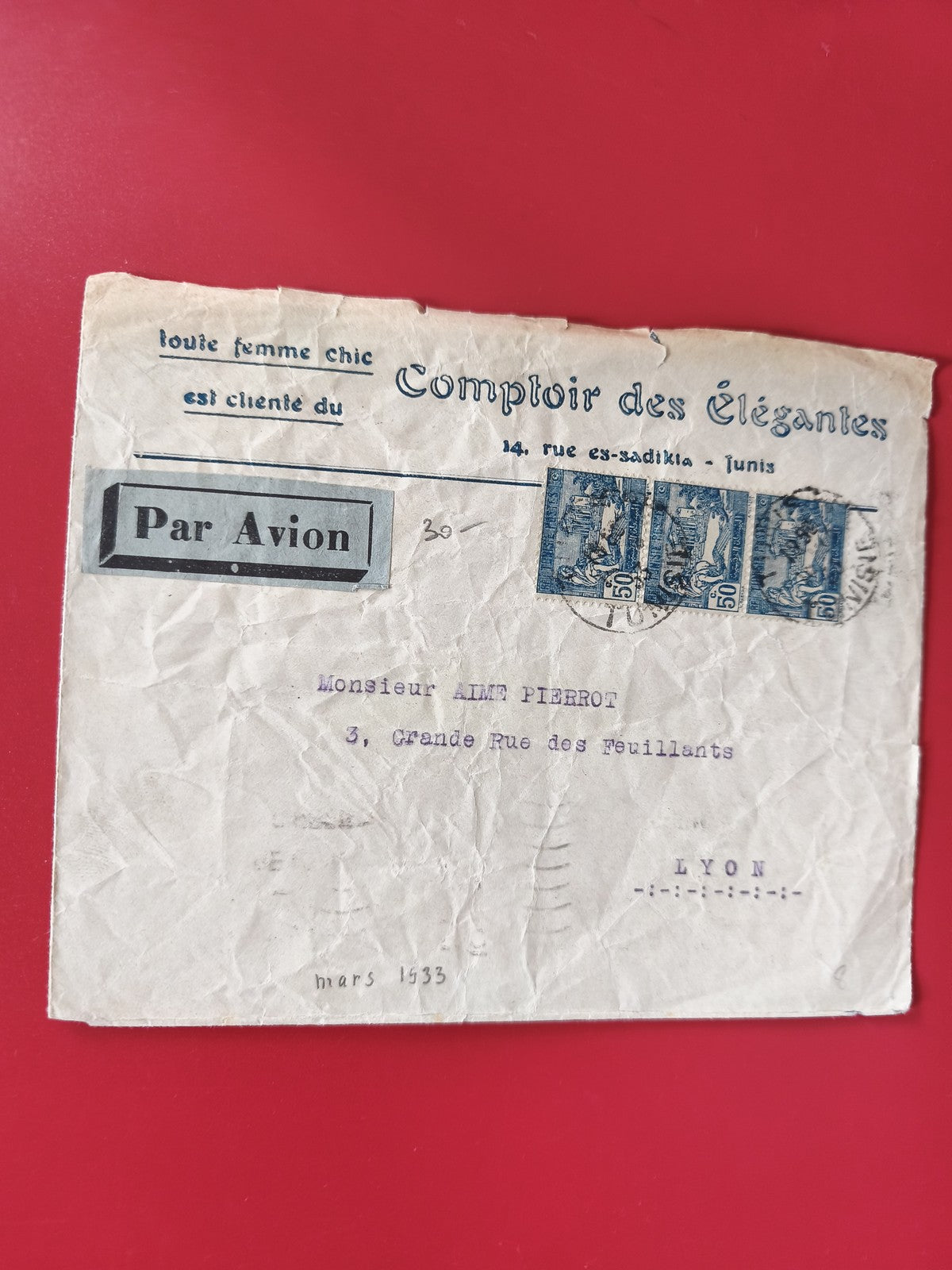 Enveloppe philatélie Comptoir des Élégantes Tunis Par Avion timbres bleus