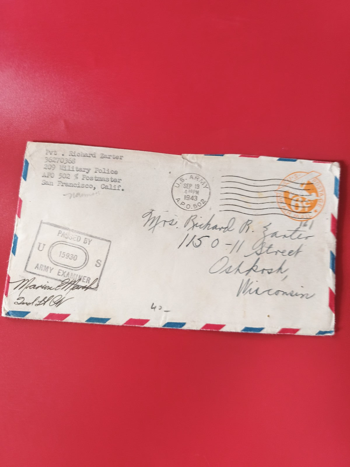 Enveloppe philatélie US Army 6¢ oblitérée, liseré tricolore, cachets visibles