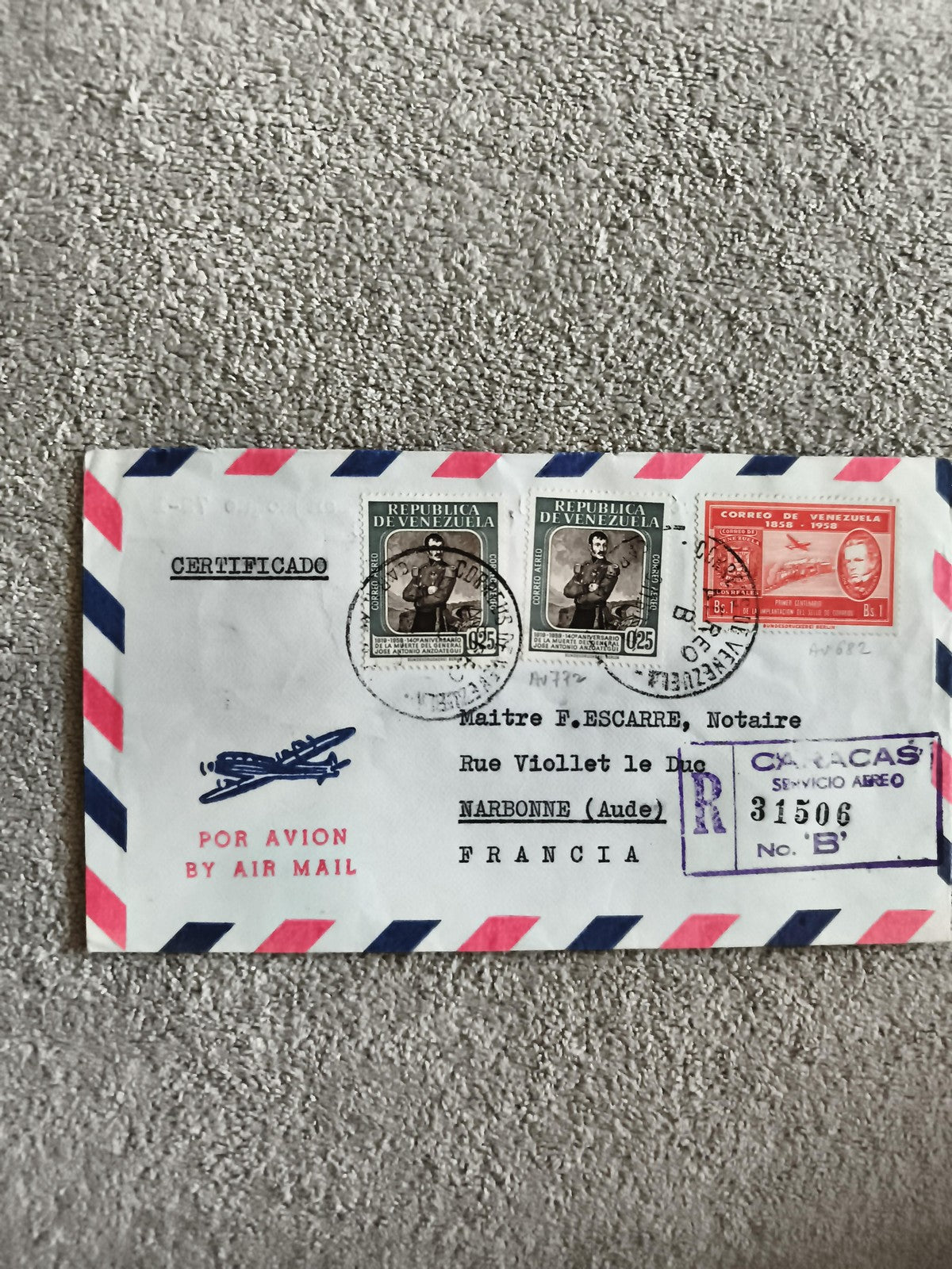 Lettre aérienne Venezuela 1958 timbres certifiée Narbonne France philatélie