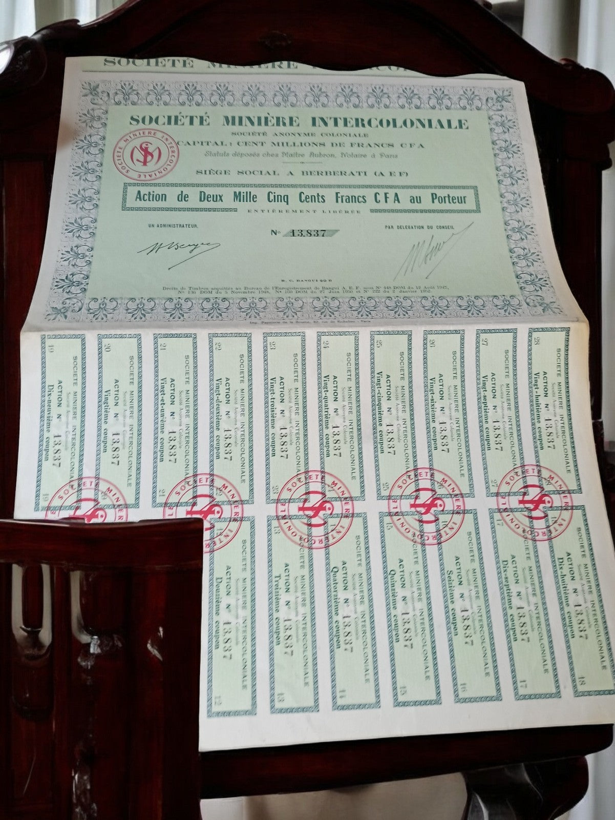 Action au porteur Société Minière Intercoloniale années 1920 vintage papier fina