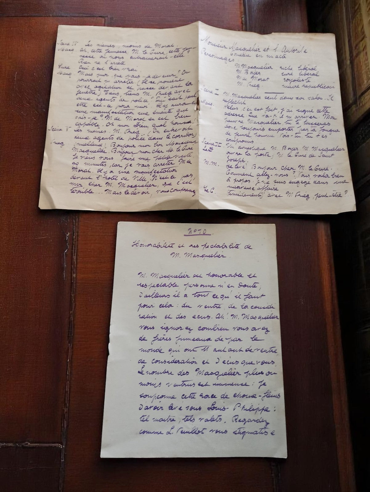 Manuscrit ancien satirique M. Masquelier – Scènes dialoguées, encre violette