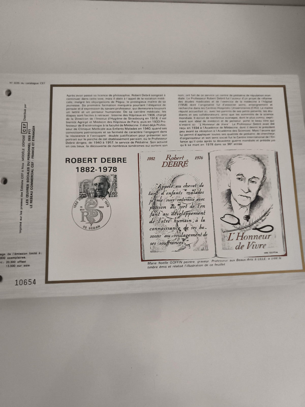 Feuillet philatélique CEF Robert Debré 1882-1978 illustration timbre