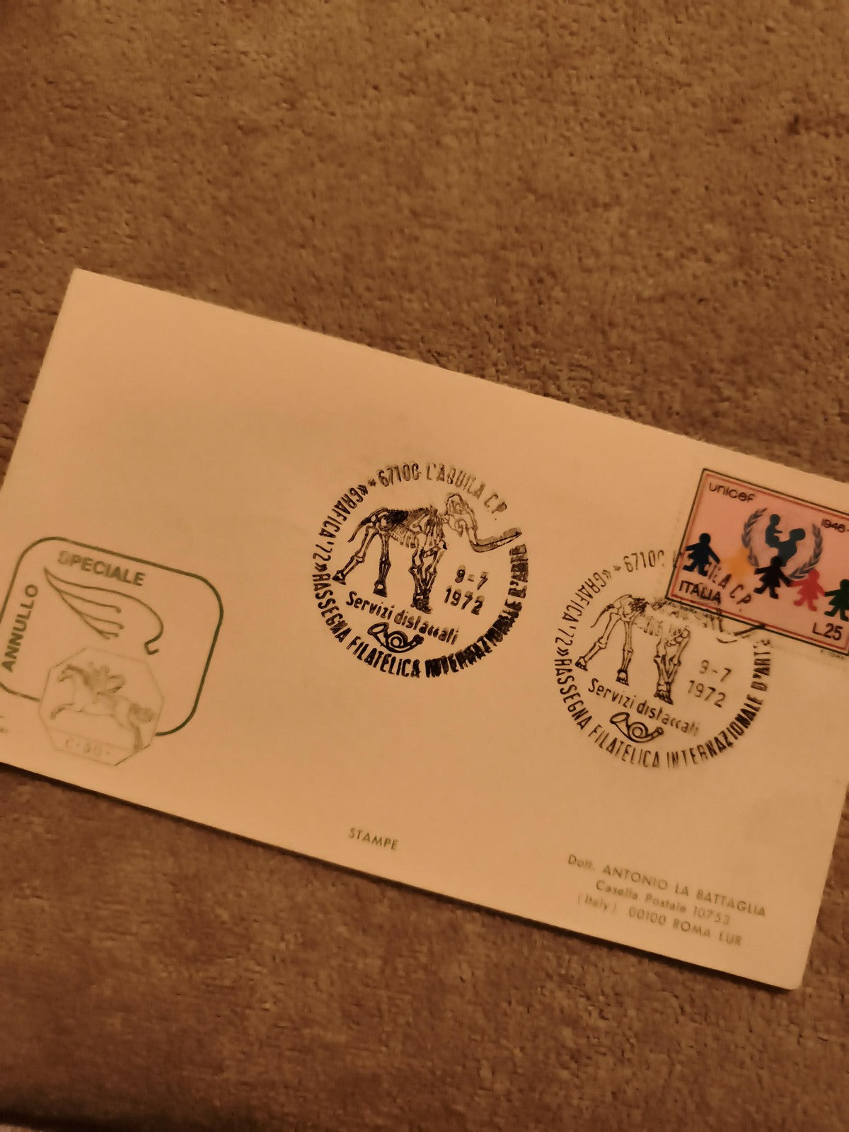 Lettre 1er jour Italie 1972 cachets mammouth + timbre UNICEF philatélie