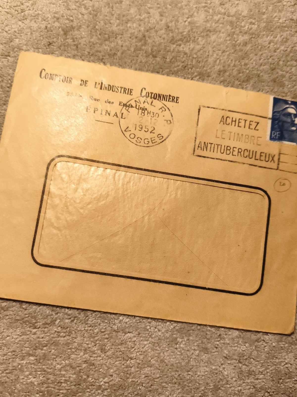 Lettre commerciale 1952 Comptoir Industrie Cotonnière Épinal Vosges philatélie