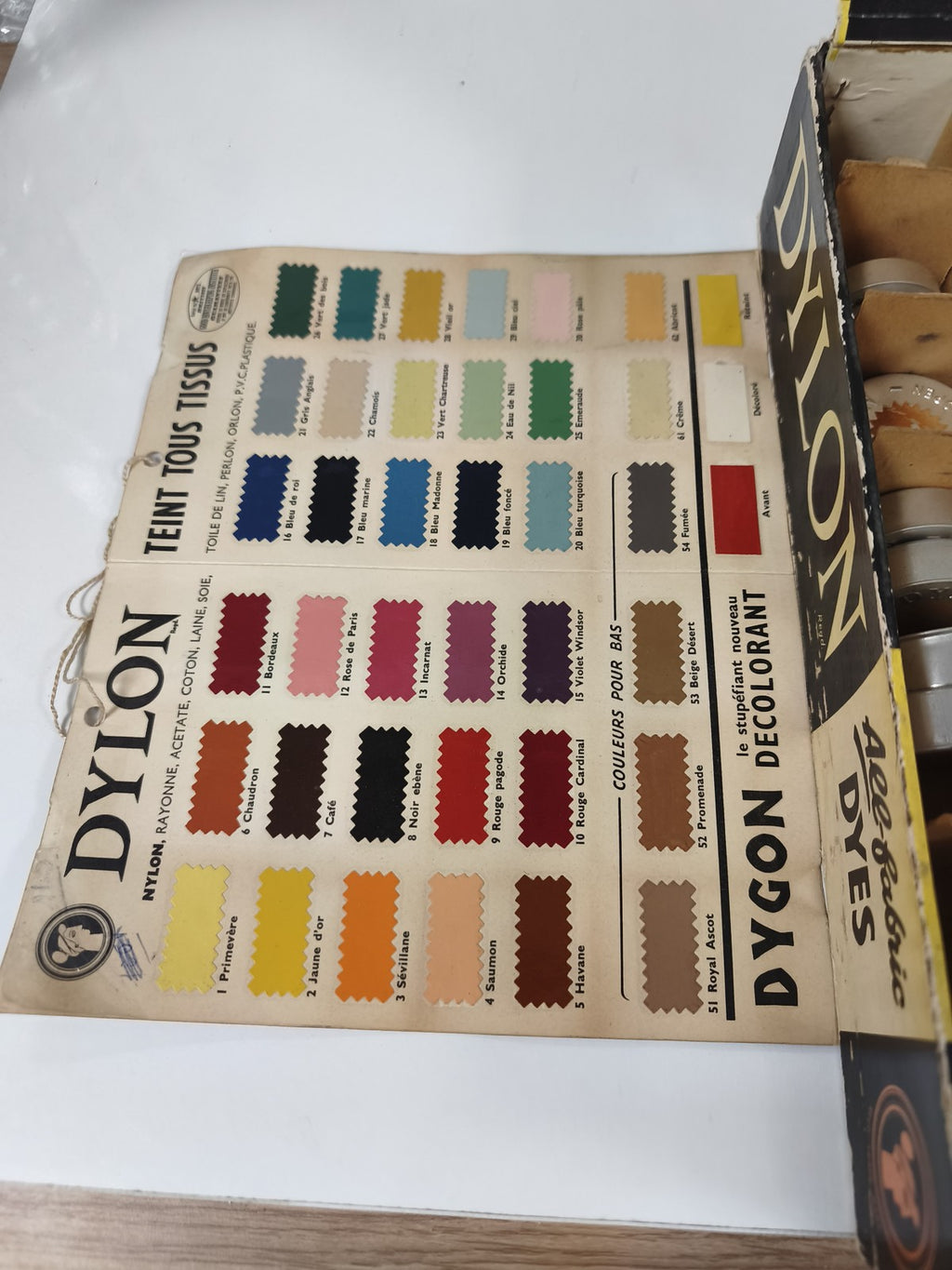 Vintage Dylon présentoir teintures tissu publicitaire ancien boîte métal