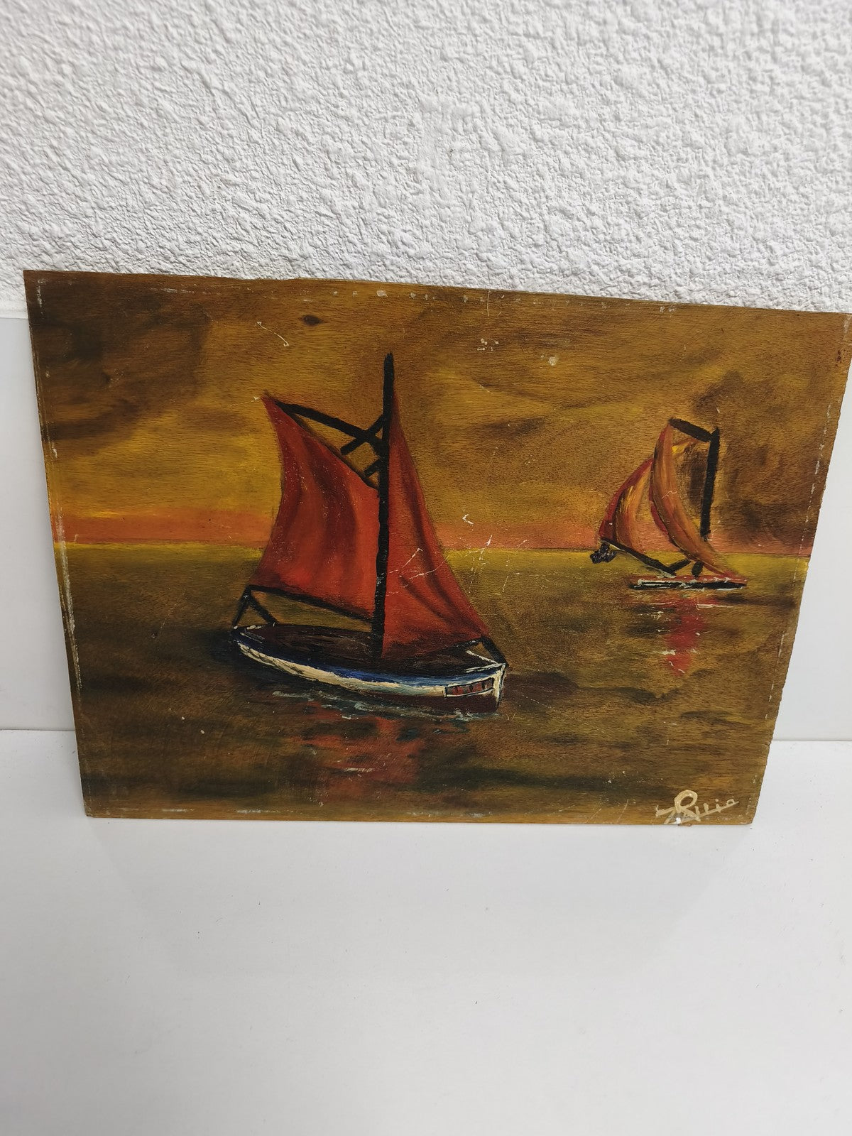 Tableau ancien voiliers coucher de soleil signé peinture vintage marine