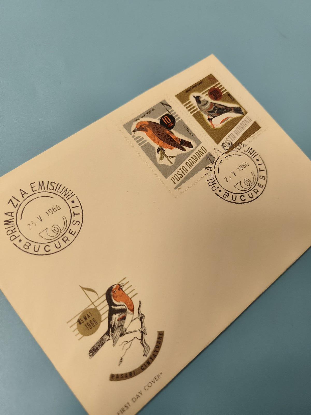 Enveloppe FDC premier jour Bucarest 1966 oiseaux timbres Posta Romana
